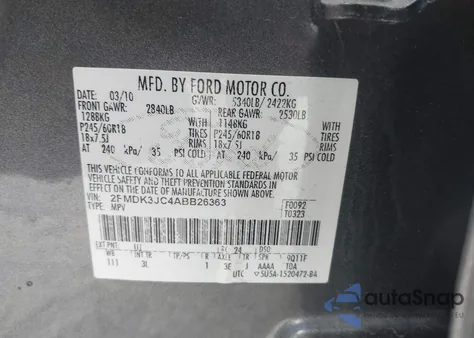 2010 Ford Edge Sel из США, поврежденный, VIN 2FMDK3JC4ABB26363